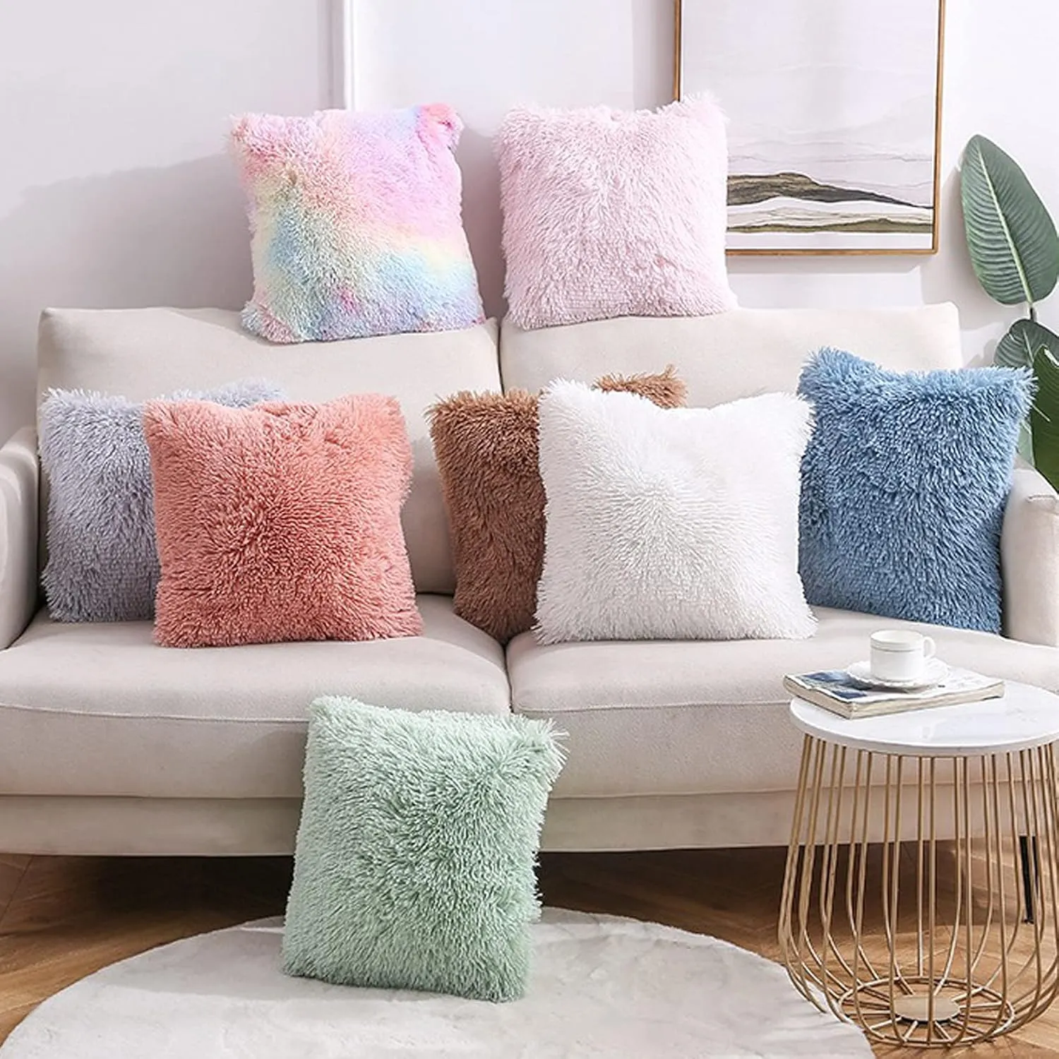 Soft Fur Faux Fur Throw Pillow Covers Pack of 2 Peach Blush Plush Decorative Tie Dye Pink Throw Girls Pillow Covers Cute Cushion Cases Pillowcases for Sofa Couch Living Room Bedroom