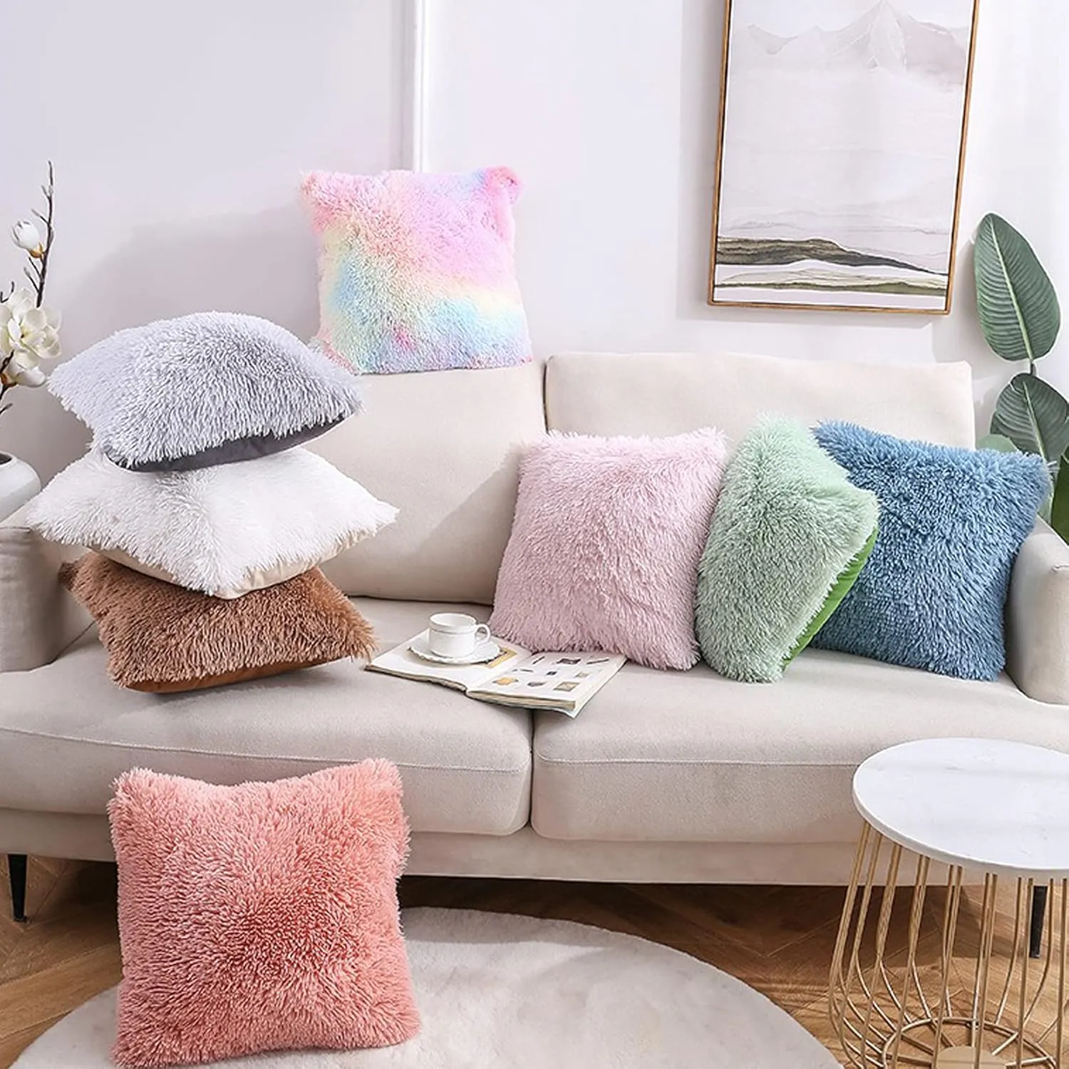 Soft Fur Faux Fur Throw Pillow Covers Pack of 2 Peach Blush Plush Decorative Tie Dye Pink Throw Girls Pillow Covers Cute Cushion Cases Pillowcases for Sofa Couch Living Room Bedroom