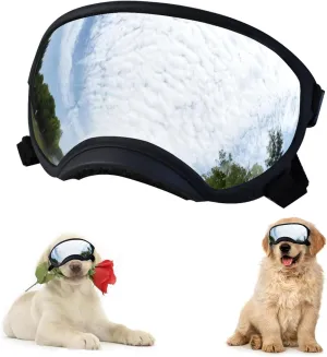 Soft Samll Dog Sunglasses Dog Goggles for Large Breed UV/Wind/Dust Protection Winproof Dog Puppy Sunglasses Pet Glasses Eye Wear with Adjustable Strap (Black Frame & Silver Lens/Large)