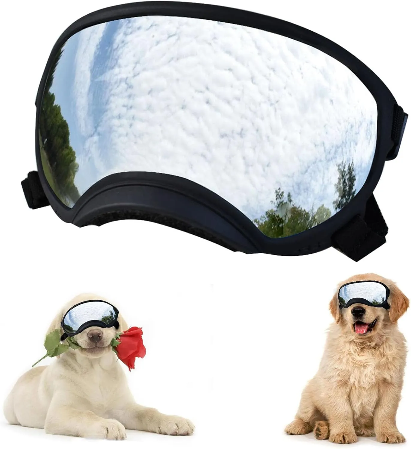 Soft Samll Dog Sunglasses Dog Goggles for Large Breed UV/Wind/Dust Protection Winproof Dog Puppy Sunglasses Pet Glasses Eye Wear with Adjustable Strap (Black Frame & Silver Lens/Large)