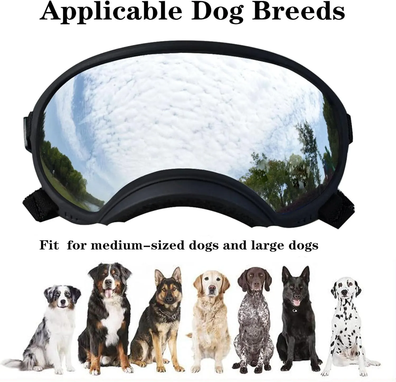 Soft Samll Dog Sunglasses Dog Goggles for Large Breed UV/Wind/Dust Protection Winproof Dog Puppy Sunglasses Pet Glasses Eye Wear with Adjustable Strap (Black Frame & Silver Lens/Large)