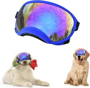 Soft Samll Dog Sunglasses Dog Goggles for Large Breed UV/Wind/Dust Protection Winproof Dog Puppy Sunglasses Pet Glasses Eye Wear with Adjustable Strap (Bule Frame & Bule Lens/Small)