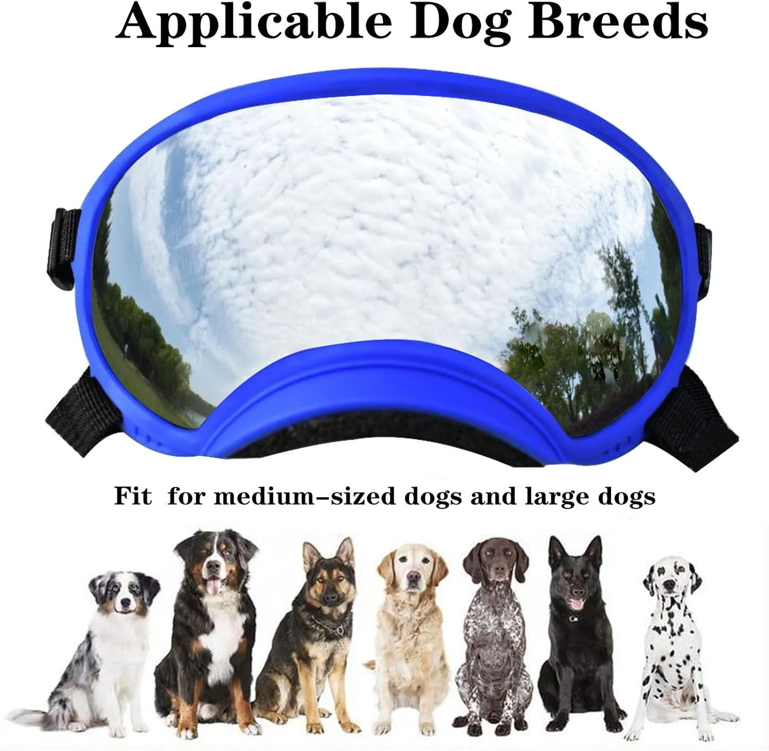 Soft Samll Dog Sunglasses Dog Goggles for Large Breed UV/Wind/Dust Protection Winproof Dog Puppy Sunglasses Pet Glasses Eye Wear with Adjustable Strap (Bule Frame & Silver Lens/Large)