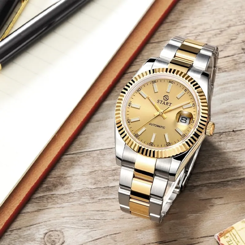 【Start】 Men's Mechanical Watch Date Function Waterproof Watch Luminous Scale Dial Golden Watch