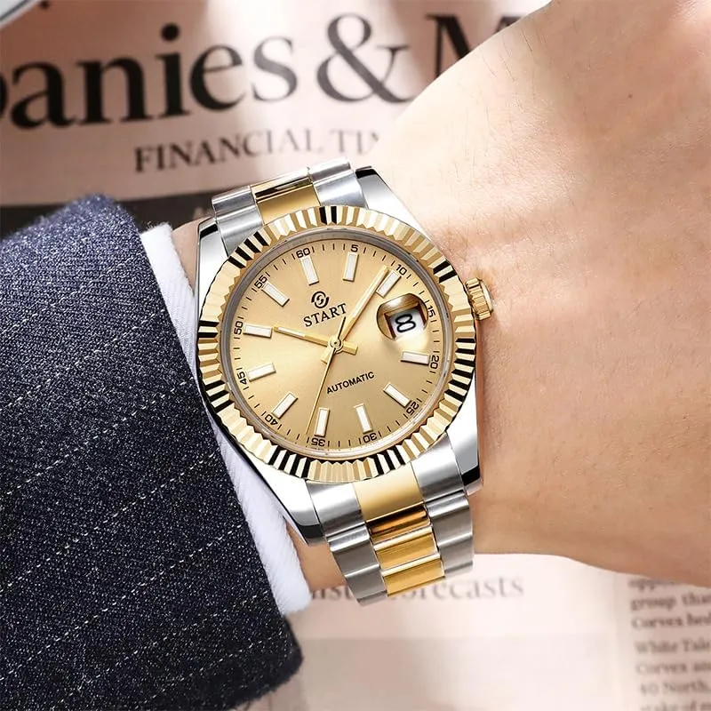 【Start】 Men's Mechanical Watch Date Function Waterproof Watch Luminous Scale Dial Golden Watch