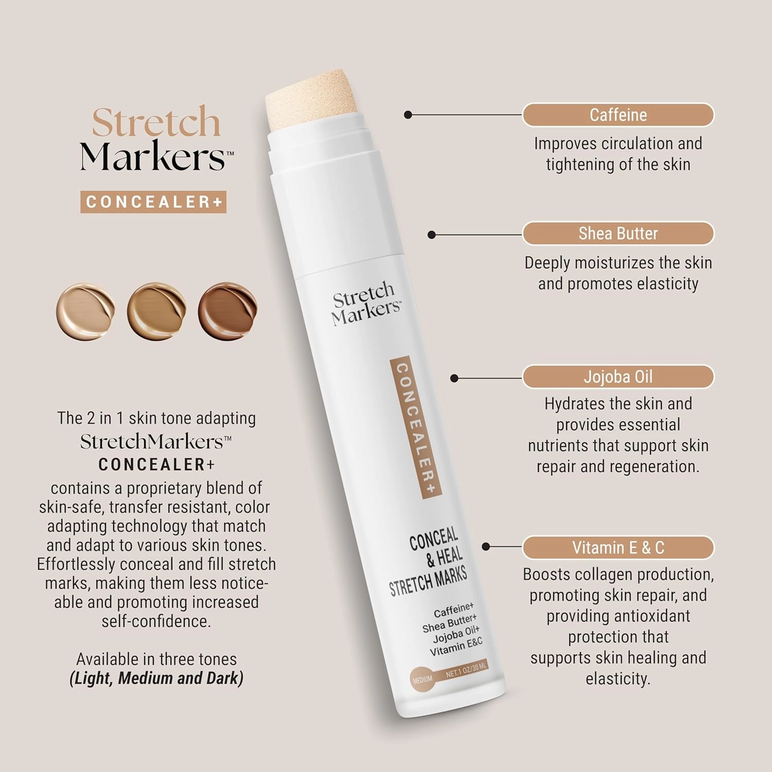 StretchMarkers Concealer : Conceals & Improves Apprearance of Stretch Mark Treatment, Light Tone, 1 fl oz, Caffeine, Shea Butter, Jojoba Oil, Vitamin C&E