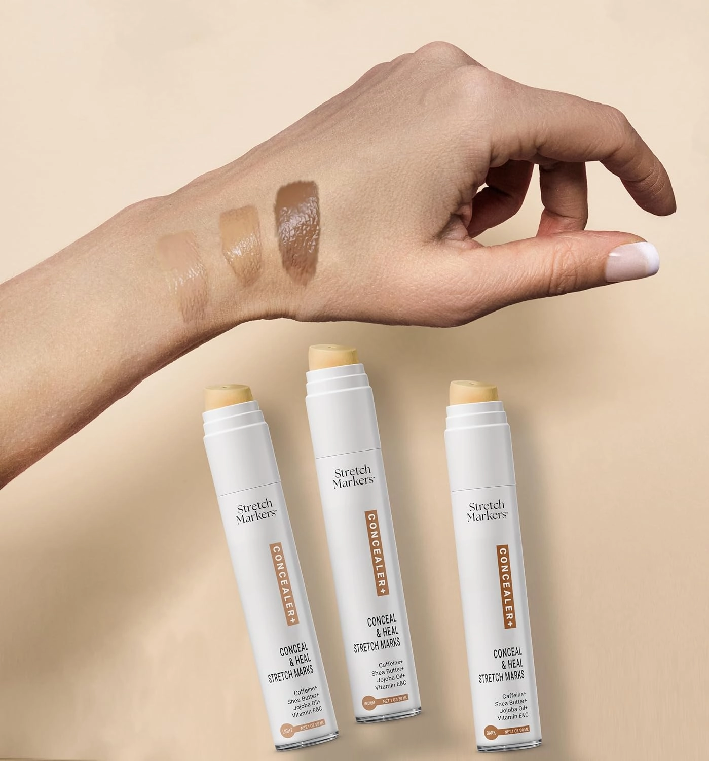 StretchMarkers Concealer : Conceals & Improves Apprearance of Stretch Mark Treatment, Light Tone, 1 fl oz, Caffeine, Shea Butter, Jojoba Oil, Vitamin C&E