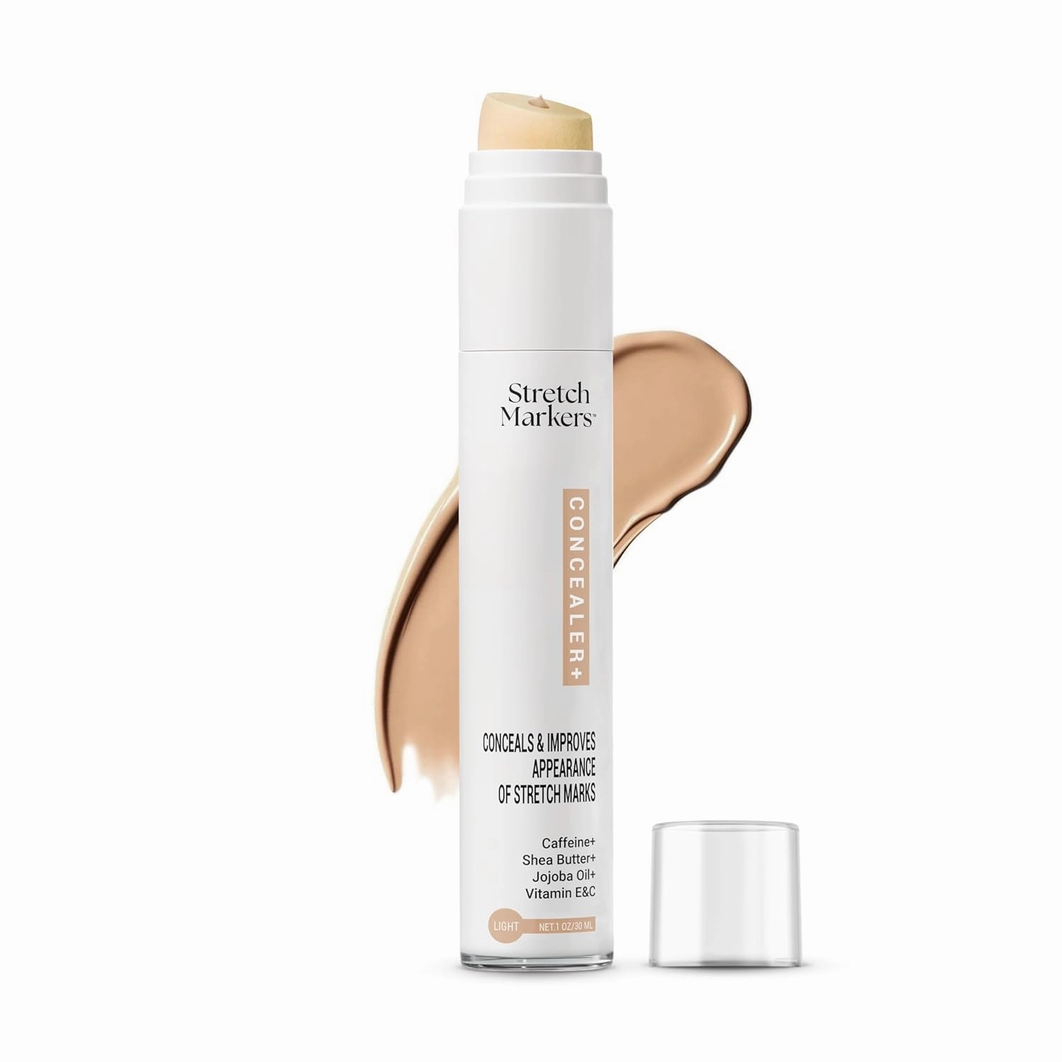 StretchMarkers Concealer : Conceals & Improves Apprearance of Stretch Mark Treatment, Light Tone, 1 fl oz, Caffeine, Shea Butter, Jojoba Oil, Vitamin C&E