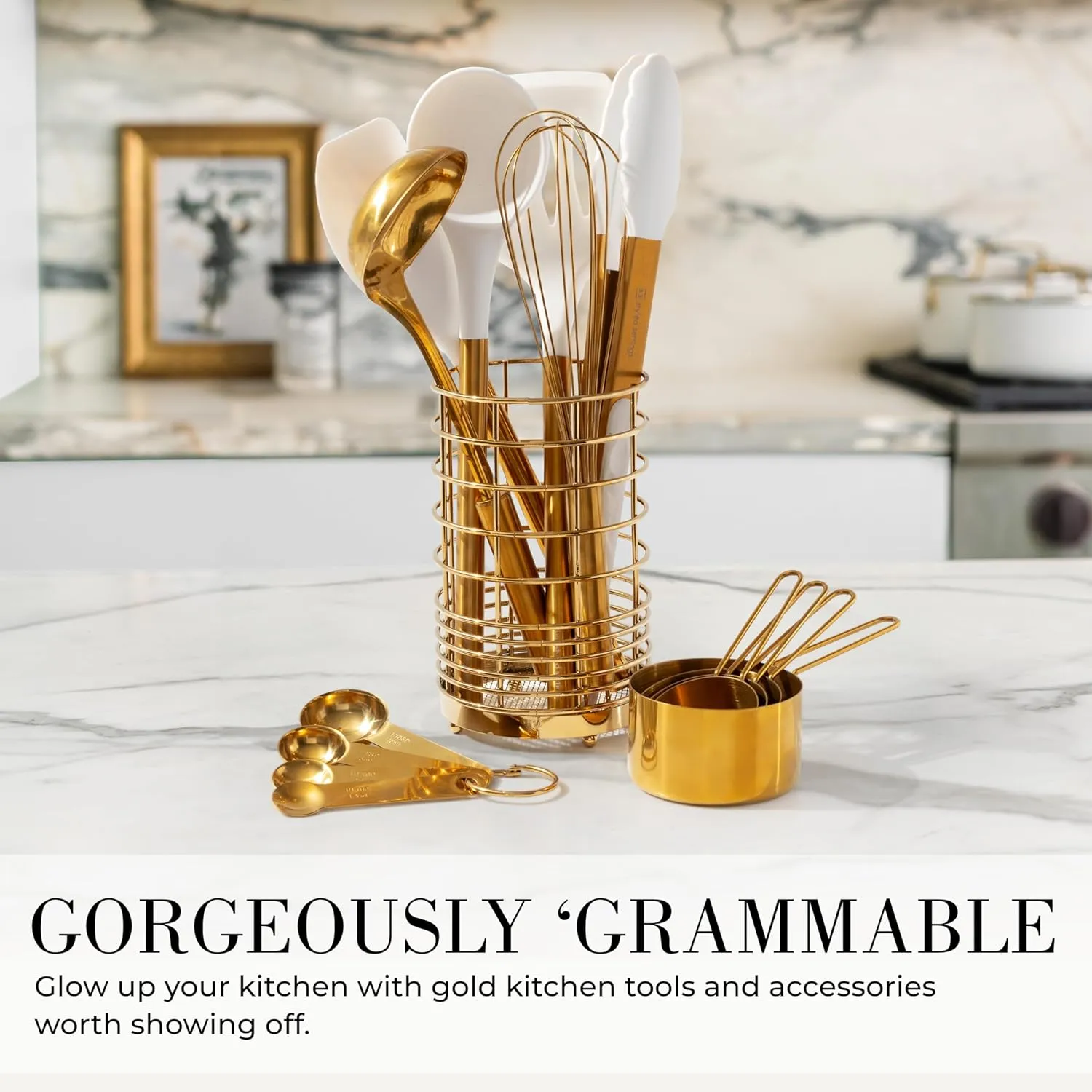 Styled Settings White and Gold Cooking Utensils Set with Holder - 15-Piece Silicone Cooking Tools with Utensil Holder, Measuring Cups, and Spoons - Elegant White and Gold Kitchen Accessories