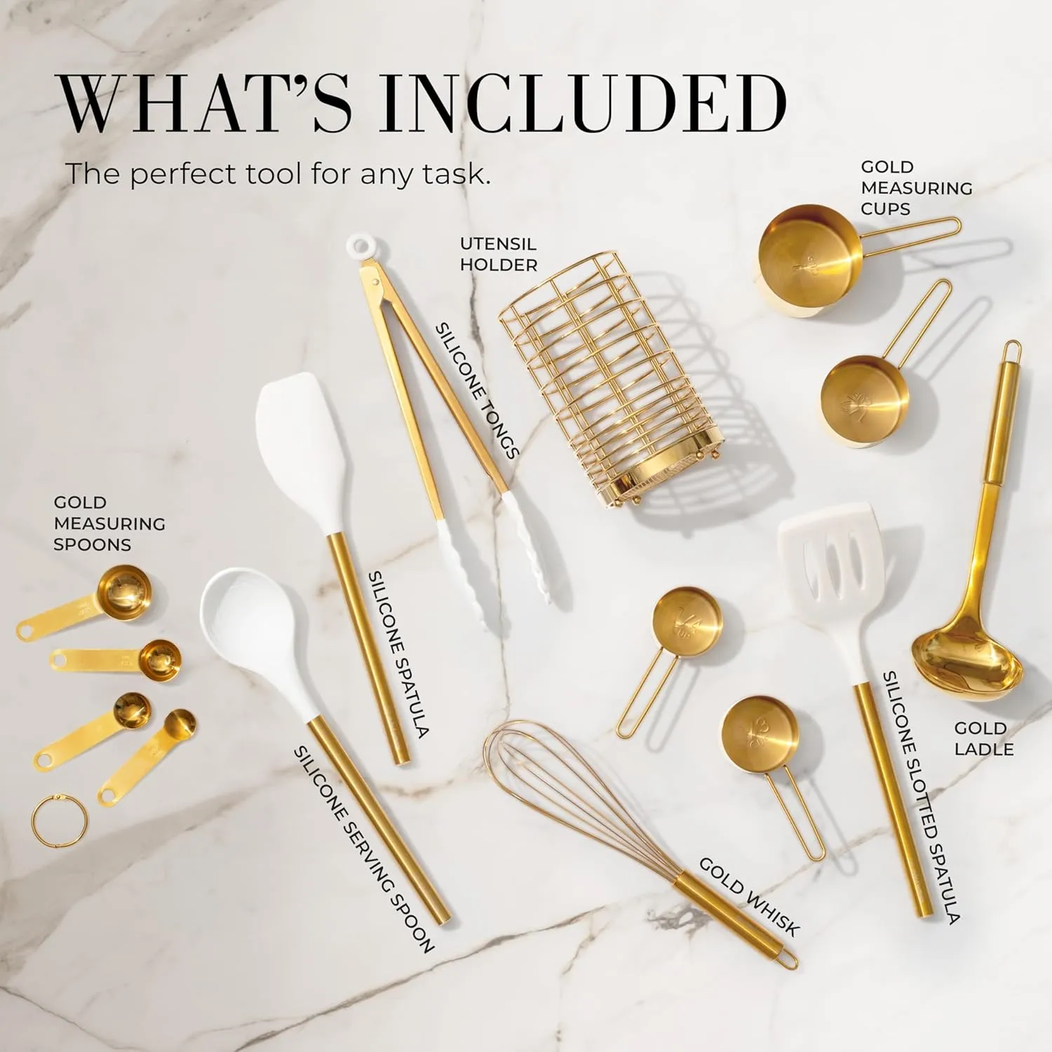 Styled Settings White and Gold Cooking Utensils Set with Holder - 15-Piece Silicone Cooking Tools with Utensil Holder, Measuring Cups, and Spoons - Elegant White and Gold Kitchen Accessories
