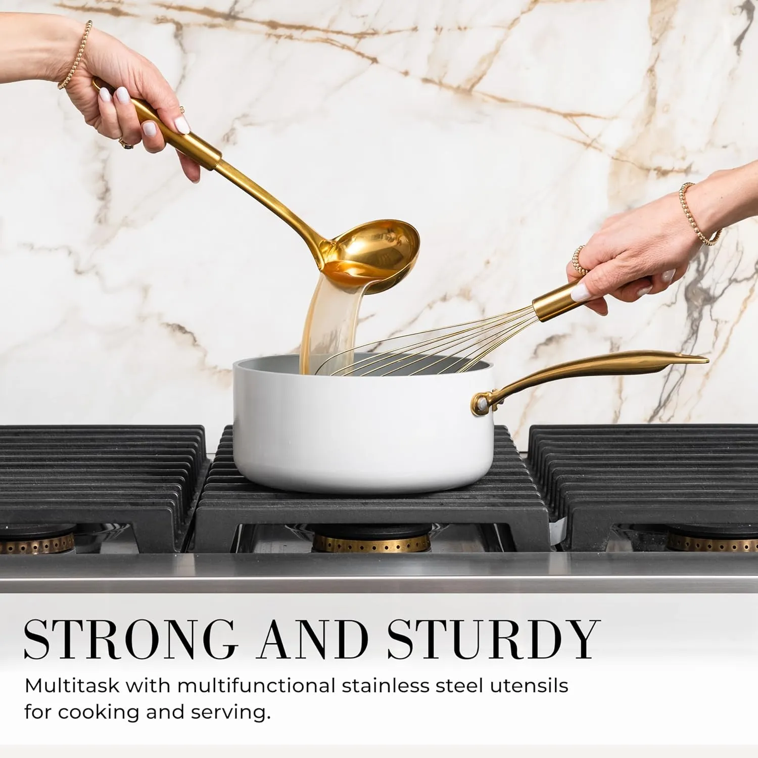 Styled Settings White and Gold Cooking Utensils Set with Holder - 15-Piece Silicone Cooking Tools with Utensil Holder, Measuring Cups, and Spoons - Elegant White and Gold Kitchen Accessories