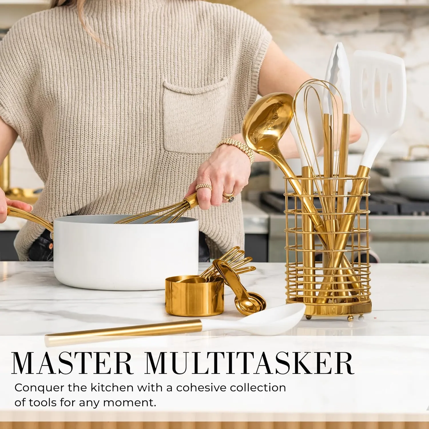 Styled Settings White and Gold Cooking Utensils Set with Holder - 15-Piece Silicone Cooking Tools with Utensil Holder, Measuring Cups, and Spoons - Elegant White and Gold Kitchen Accessories