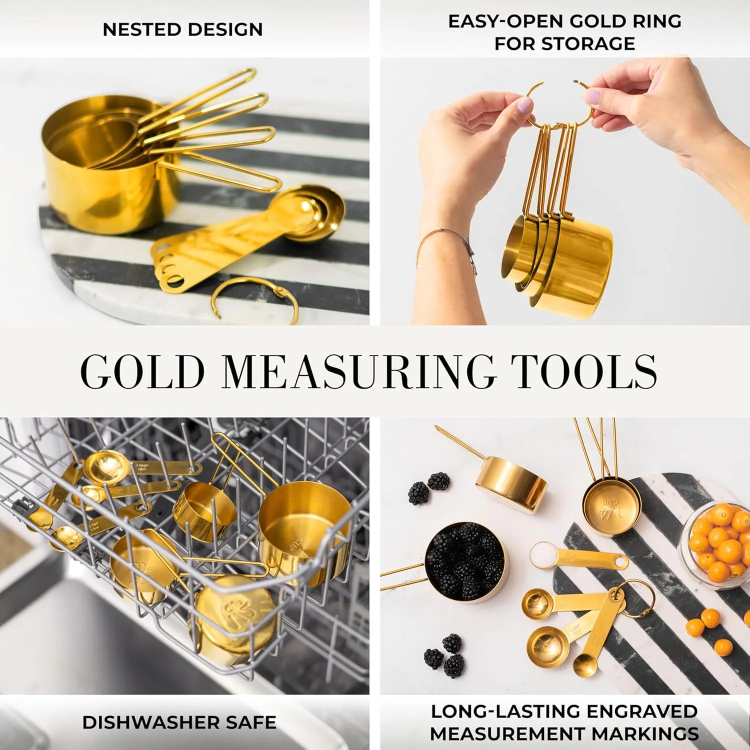 Styled Settings White and Gold Cooking Utensils Set with Holder - 15-Piece Silicone Cooking Tools with Utensil Holder, Measuring Cups, and Spoons - Elegant White and Gold Kitchen Accessories