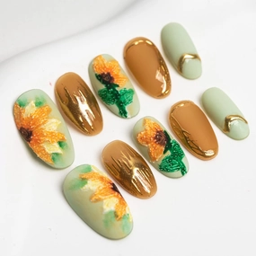 Sun&Beam Nails Handmade Medium Long Oval Pink Gold False Nail Tips with Cute 3D Flower Pearl Popular Charm Design Press On Nails 10 Pcs (L, #022)