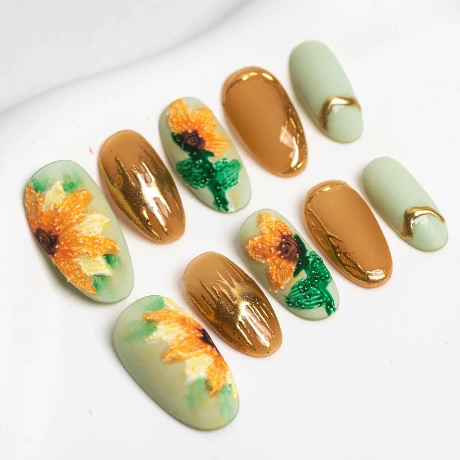 Sun&Beam Nails Handmade Medium Long Oval Pink Gold False Nail Tips with Cute 3D Flower Pearl Popular Charm Design Press On Nails 10 Pcs (L, #022)