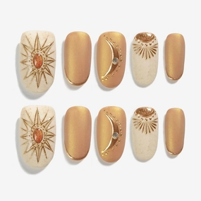 Sun&Beam Nails Handmade Press-on Medium Long Oval Round Beige Brown Gold Bohemia Design False Nail Tips 10 Pcs (#135 S)
