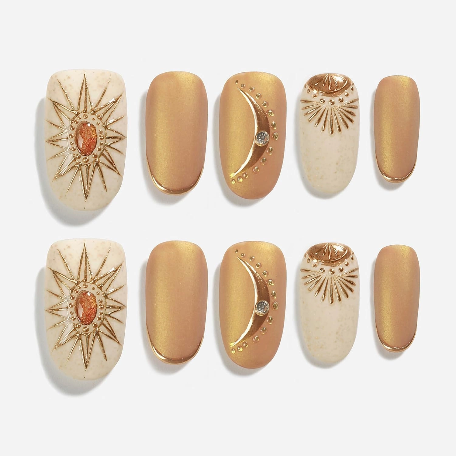 Sun&Beam Nails Handmade Press-on Medium Long Oval Round Beige Brown Gold Bohemia Design False Nail Tips 10 Pcs (#135 S)