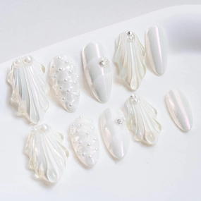 Sun&Beam Nails Handmade Press On Nail Medium Long Almond Oval Pink White Pearl Shell Fake Tip 3D Design Art Charms Cute with Storage Box 10 Pcs (White-S)
