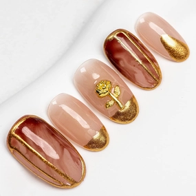 Sun&Beam Nails Handmade Press On Nail Medium Short Oval Golden Flower Fake Tip 3D Design Art Charms Cute with Storage Box 10 Pcs (M)