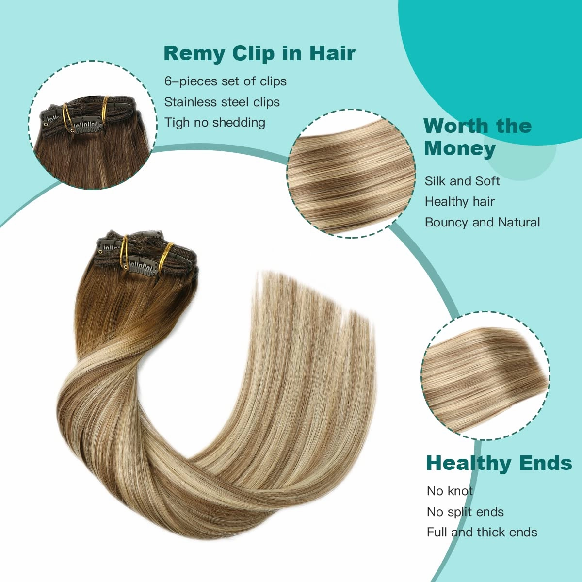 SURNEL Clip in Extensions Human Hair Balayage Clip in Hair Extensions 20 Inch 6pcs 120g Walnut Brown to Ash Brown and Golden Blonde Clip ins (#3/8/22,20'')