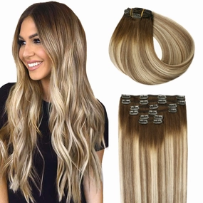 SURNEL Clip in Extensions Human Hair Balayage Clip in Hair Extensions 20 Inch 6pcs 120g Walnut Brown to Ash Brown and Golden Blonde Clip ins (#3/8/22,20'')