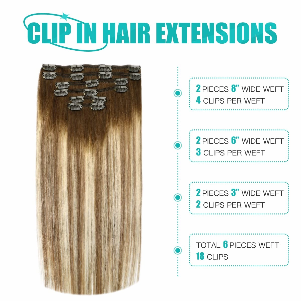 SURNEL Clip in Extensions Human Hair Balayage Clip in Hair Extensions 20 Inch 6pcs 120g Walnut Brown to Ash Brown and Golden Blonde Clip ins (#3/8/22,20'')