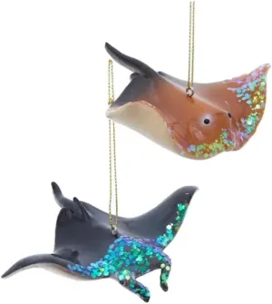 The Bridge Collection Set of 2 Beautiful Resin Manta Ray Ornaments - Blue & Coral Stingrays with Glitter Accents for Coastal Sea Life Decor