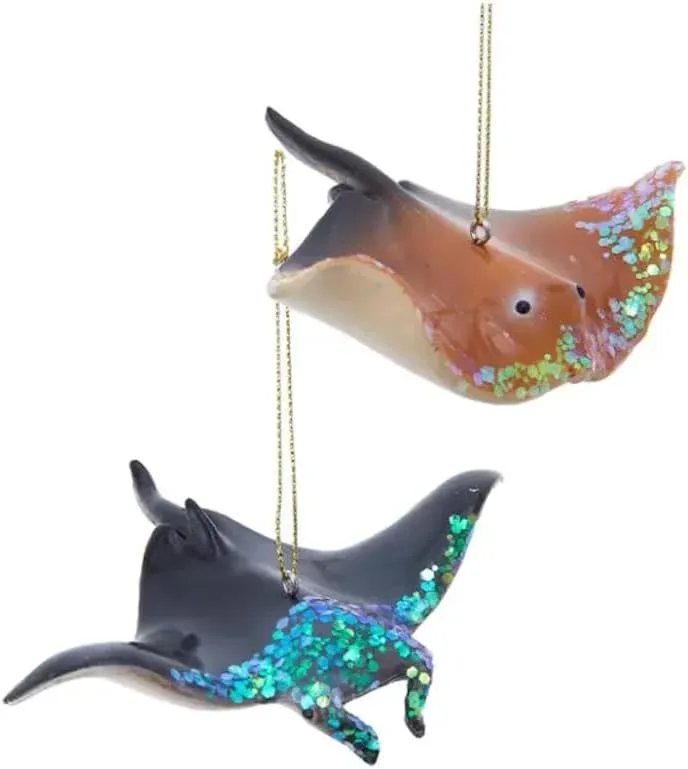 The Bridge Collection Set of 2 Beautiful Resin Manta Ray Ornaments - Blue & Coral Stingrays with Glitter Accents for Coastal Sea Life Decor
