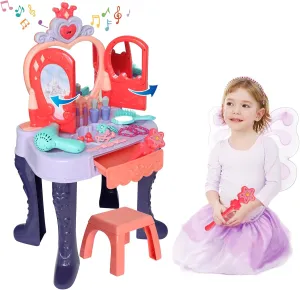Toddler Girls Vanity Makeup Table with Mirror and Chair, Open Doors by Gestures, Kids Vanity Set with Music & Light and Makeup Accessories & Hair Dryer, Toy for Toddlers 2-5 Years Old