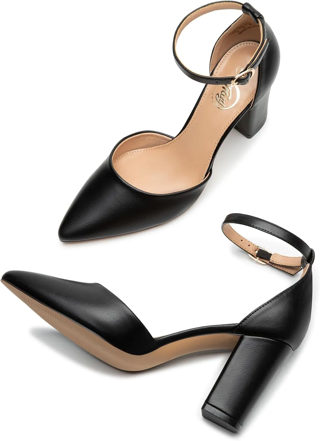 Trary Women's Pointed Toe Pumps,Ankle Strap Buckle Closed Toe Chunky Block Heel Pumps,Dress Office Wedding Party Shoes for Women