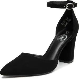 Trary Women's Pointed Toe Pumps,Ankle Strap Buckle Closed Toe Chunky Block Heel Pumps,Dress Office Wedding Party Shoes for Women