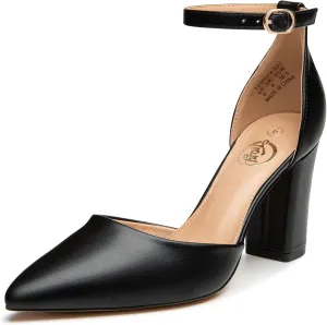 Trary Women's Pointed Toe Pumps,Ankle Strap Buckle Closed Toe Chunky Block Heel Pumps,Dress Office Wedding Party Shoes for Women