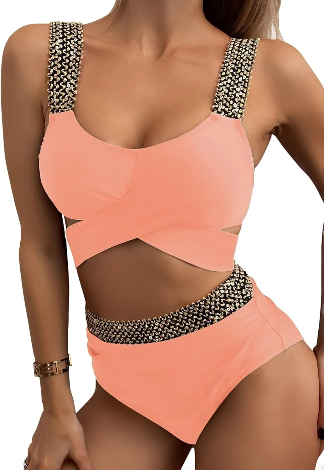 Trendy Tandi Women's Bikini Two Piece Swimsuit Front Cross Back Lace Up Adjustable Bathing Suit