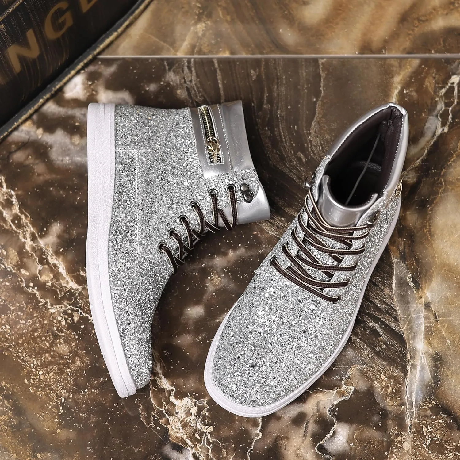 Trsorini Glitter Mens Shoes High Top Fashion Sparkly Sneakers Shiny Bling Sequin for Male