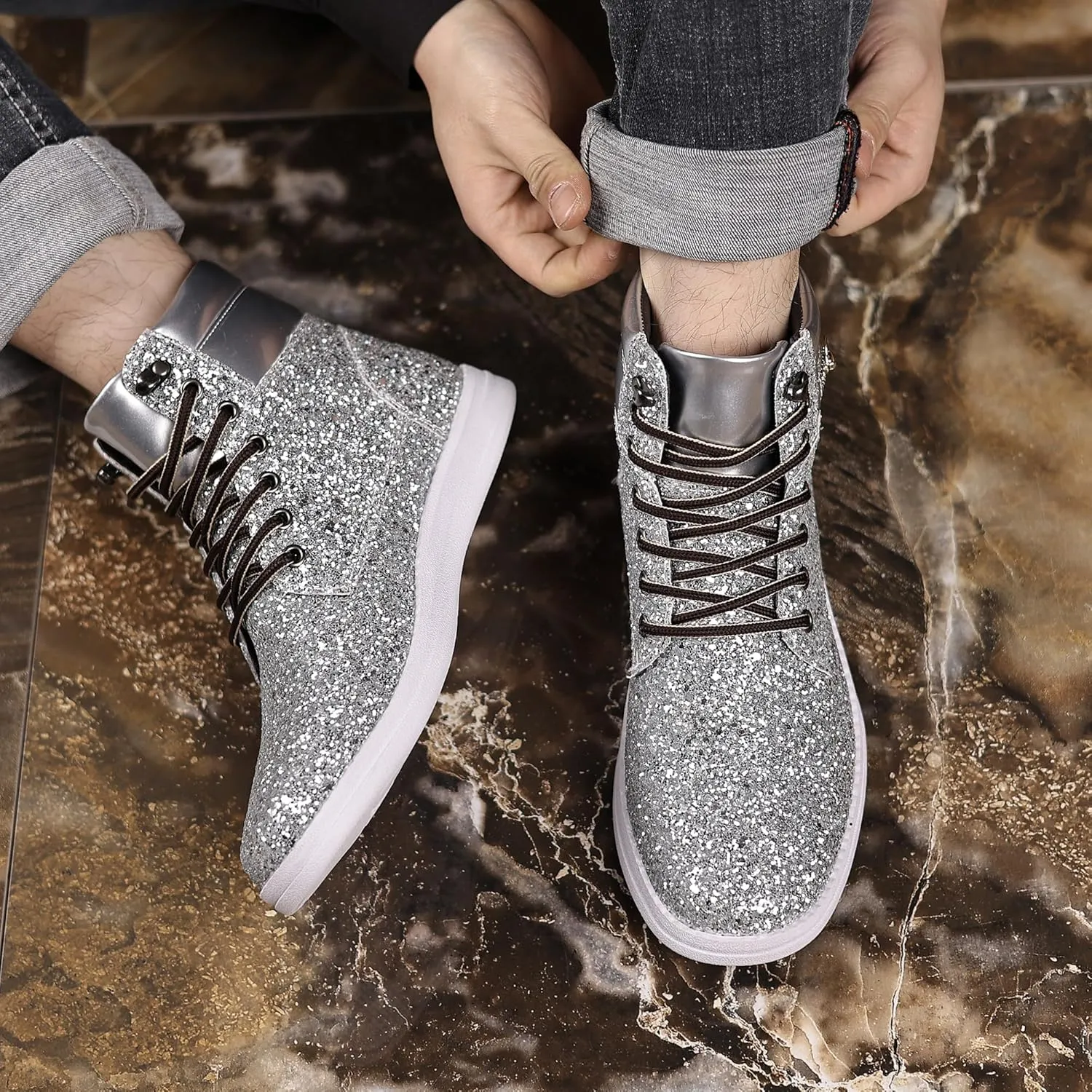 Trsorini Glitter Mens Shoes High Top Fashion Sparkly Sneakers Shiny Bling Sequin for Male