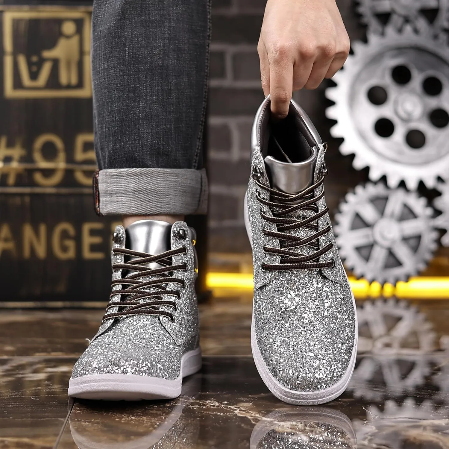 Trsorini Glitter Mens Shoes High Top Fashion Sparkly Sneakers Shiny Bling Sequin for Male