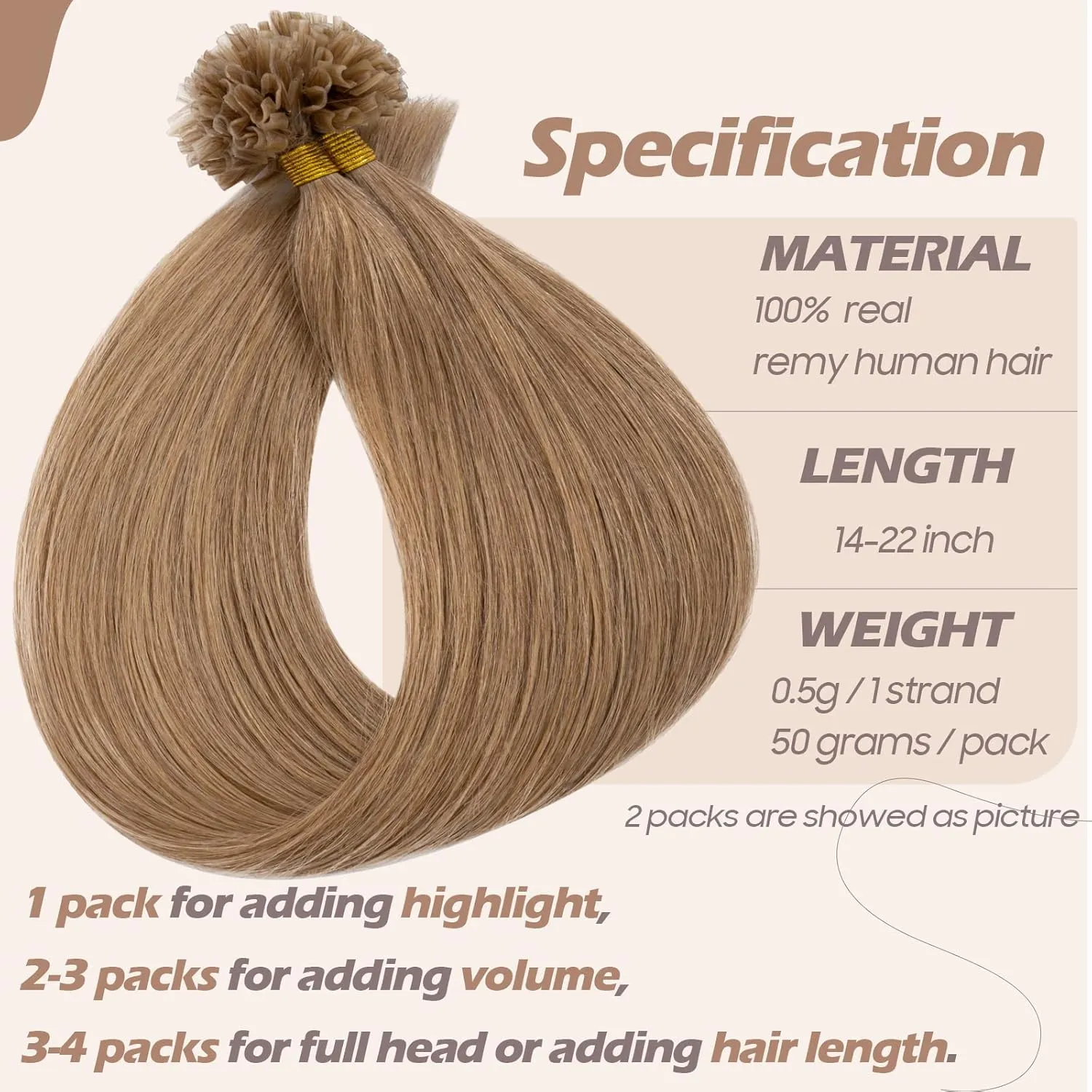 U Tip Human Hair Extensions Pre Bonded Nail Tipped Real Human Hair Piece Italian Keratin U Tip Fusion Extensions Silky Straight 100 Strands 16"-50g (#12 Golden Brown)