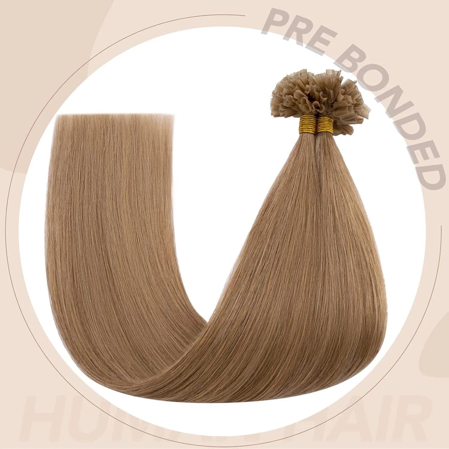U Tip Human Hair Extensions Pre Bonded Nail Tipped Real Human Hair Piece Italian Keratin U Tip Fusion Extensions Silky Straight 100 Strands 16"-50g (#12 Golden Brown)