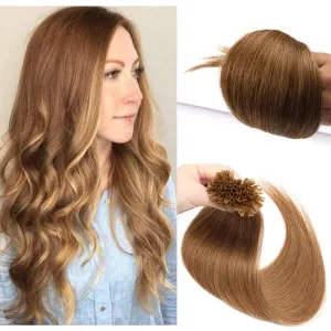 U Tip Human Hair Extensions Pre Bonded Nail Tipped Real Human Hair Piece Italian Keratin U Tip Fusion Extensions Silky Straight 100 Strands 16"-50g (#12 Golden Brown)