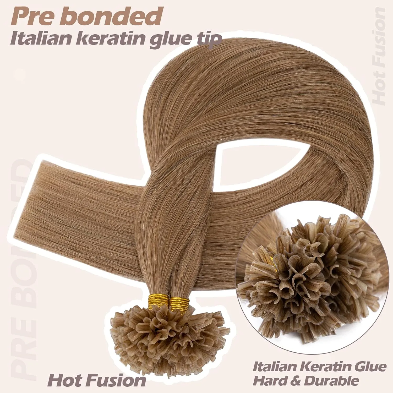 U Tip Human Hair Extensions Pre Bonded Nail Tipped Real Human Hair Piece Italian Keratin U Tip Fusion Extensions Silky Straight 100 Strands 16"-50g (#12 Golden Brown)