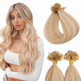 U Tip Hair Extensions Human Hair Pre Bonded Extensions Keratin Fusion Extensions K Tip Hair Extensions Real Human Hair Silky Straight Natural 50g/100 Stands 14" Golden Brown Mix Bleach Blonde