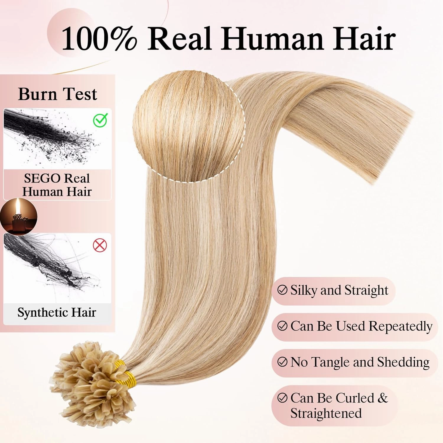 U Tip Hair Extensions Human Hair Pre Bonded Extensions Keratin Fusion Extensions K Tip Hair Extensions Real Human Hair Silky Straight Natural 50g/100 Stands 14" Golden Brown Mix Bleach Blonde