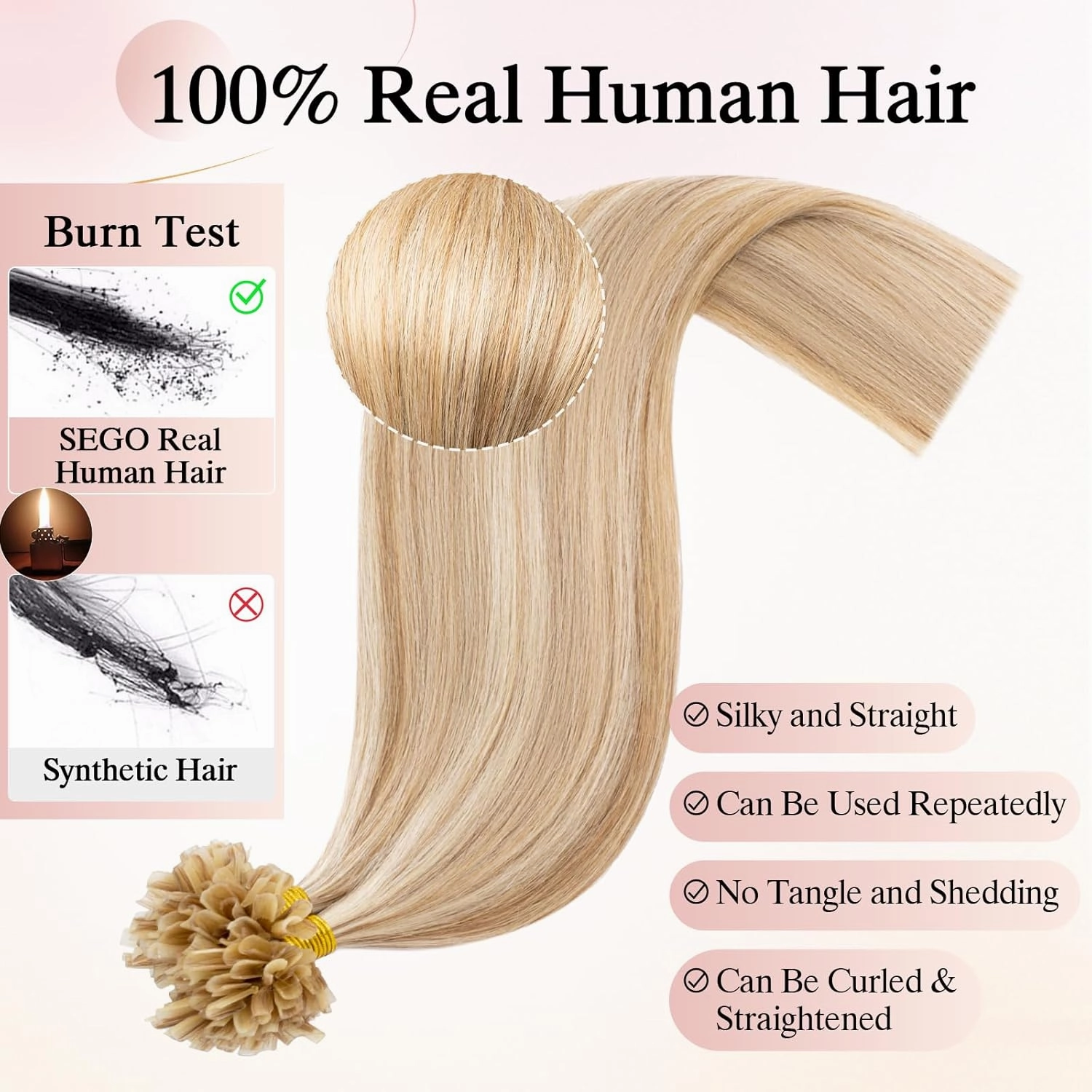 U Tip Hair Extensions Human Hair Pre Bonded Extensions Keratin Fusion Extensions K Tip Hair Extensions Real Human Hair Silky Straight Natural 50g/100 Stands 18" Golden Brown Mix Bleach Blonde
