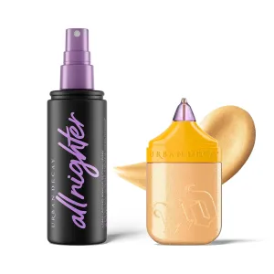 Urban Decay All-Over Liquid Highlighter & Setting Spray Bundle - Face Bond Luminizer (Golden Hour) for Face, Eye, Body Glow - All Nighter Waterproof Setting Spray (4 Fl Oz) for Smudge-Proof Makeup