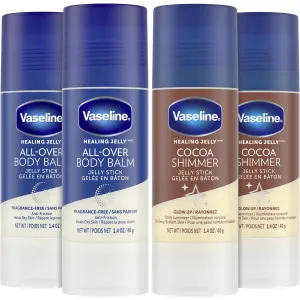 Vaseline Lotion Bundle, Cocoa Shimmer Jelly Stick Highlighter & Luminizer   All Over Body Balm Stick, Vaseline Cocoa Butter, Body Balm Skin Care Set, Petroleum Jelly for Dry Skin (4 Piece Set)