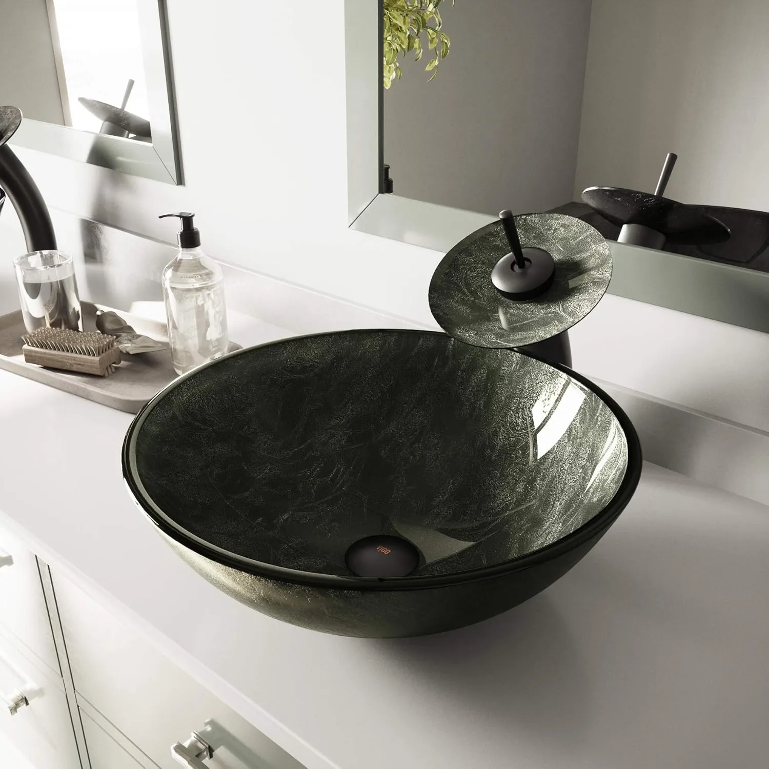 VIGO Giovanni 17"L x 17"W x 6"H Over the Counter Glass Round Vessel Bathroom Sink in Gray Onyx -VG07051