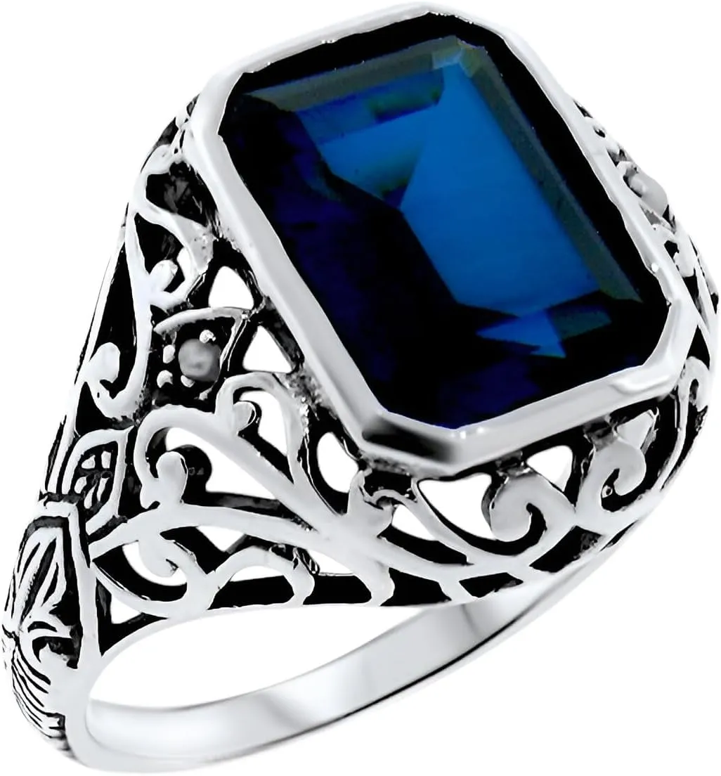 Vintage Style 925 Sterling Silver Ring, 5 Carat Lab Created Sapphire, Filigree Design with Freshwater Pearl