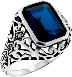 Vintage Style 925 Sterling Silver Ring, 5 Carat Lab Created Sapphire, Filigree Design with Freshwater Pearl