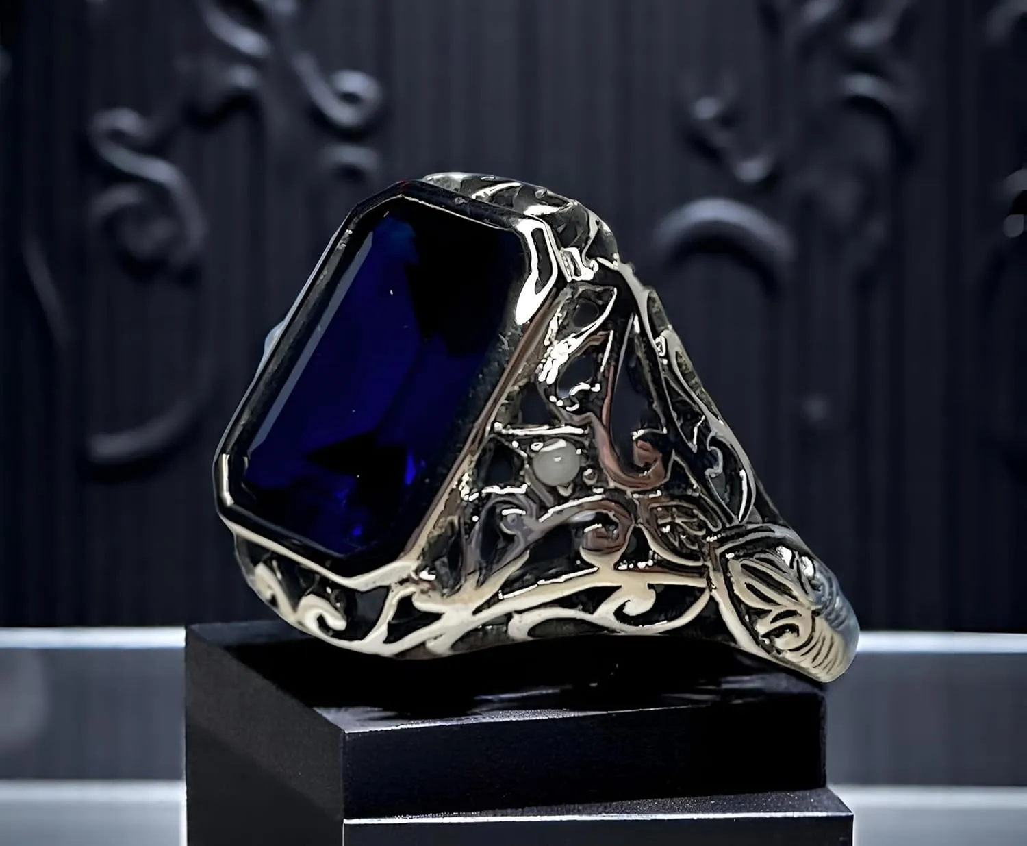 Vintage Style 925 Sterling Silver Ring, 5 Carat Lab Created Sapphire, Filigree Design with Freshwater Pearl