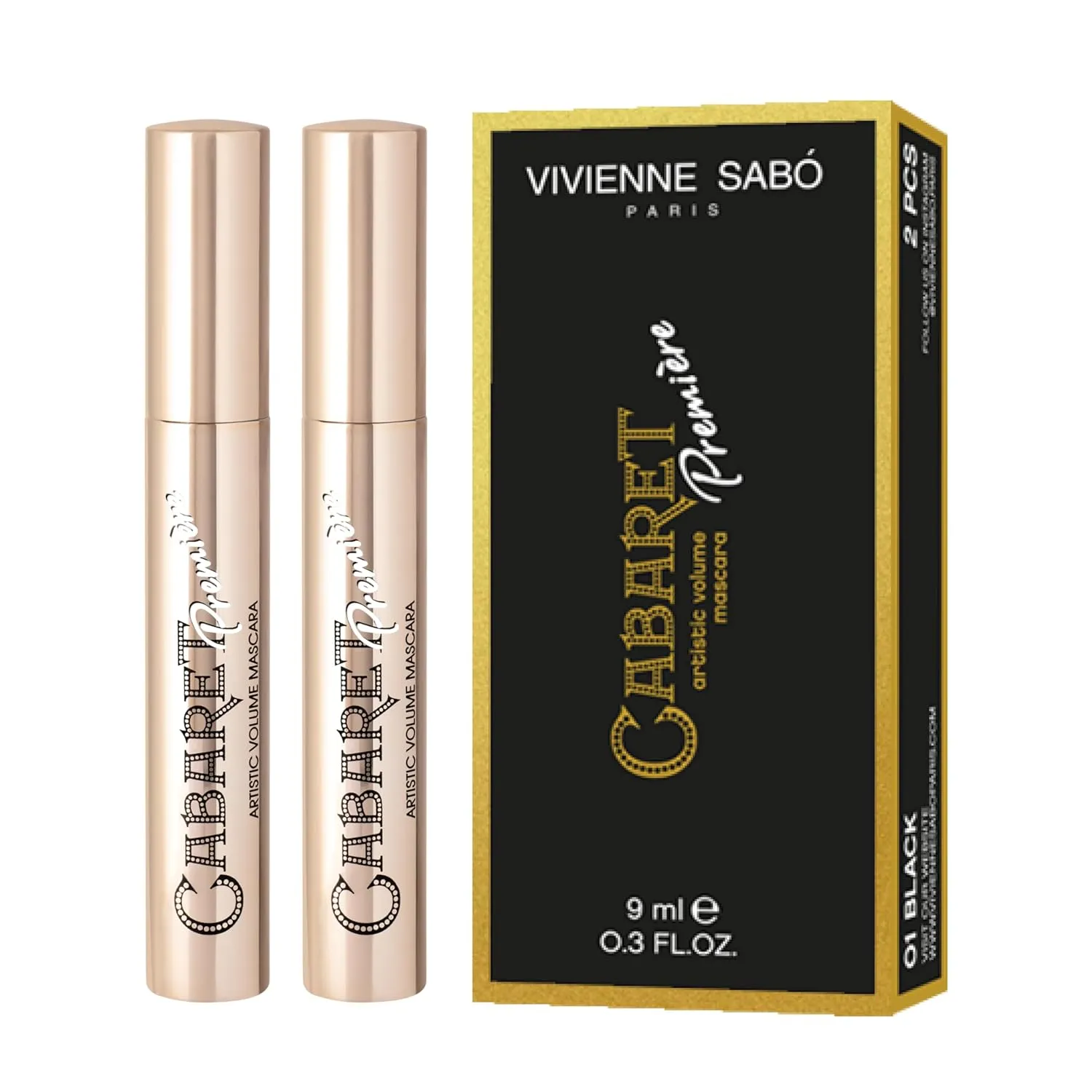 Vivienne Sabó Cabaret Premiere Black Mascara, Volume and Length, Defining, Curling, No Flaking, No Clumping, Smudge Proof, Washable, Cruelty-Free, Made in Europe, (01 Black), 0.6 Fl Oz, 2 Pack